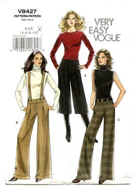 Very Easy Vogue V8427 Sewing Pattern For Misses Gaucho Pants & Wide-Leg Trousers